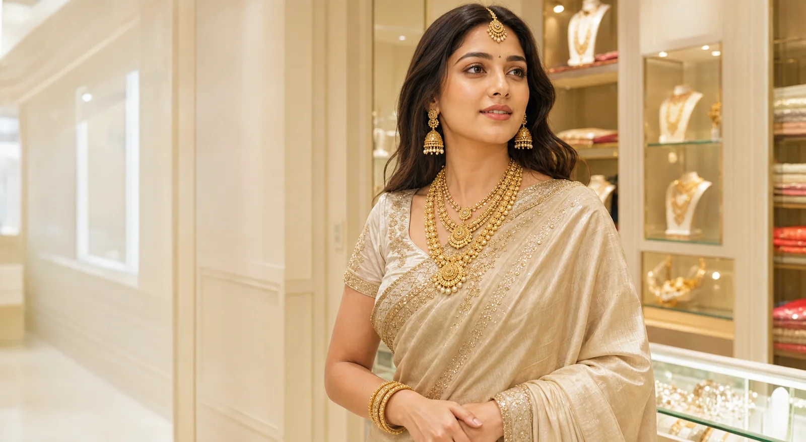 Woman wearing an ivory saree and ornate gold jewellery in a bright boutique
