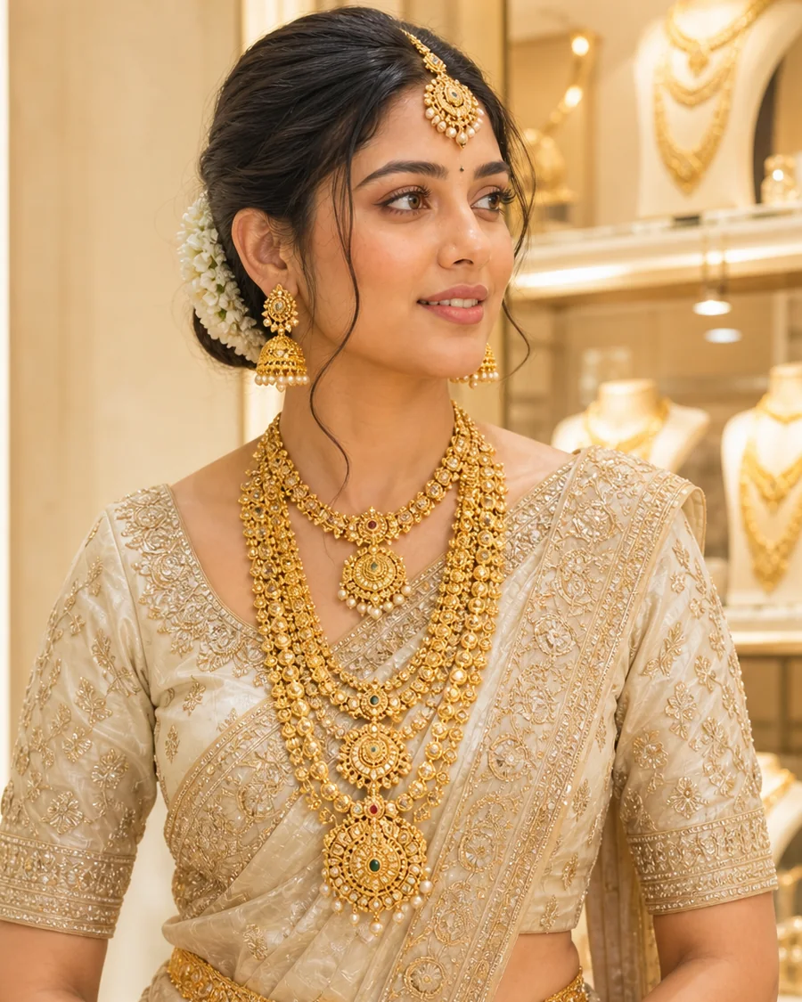Indian bride wearing layered gold jewellery in a bright boutique